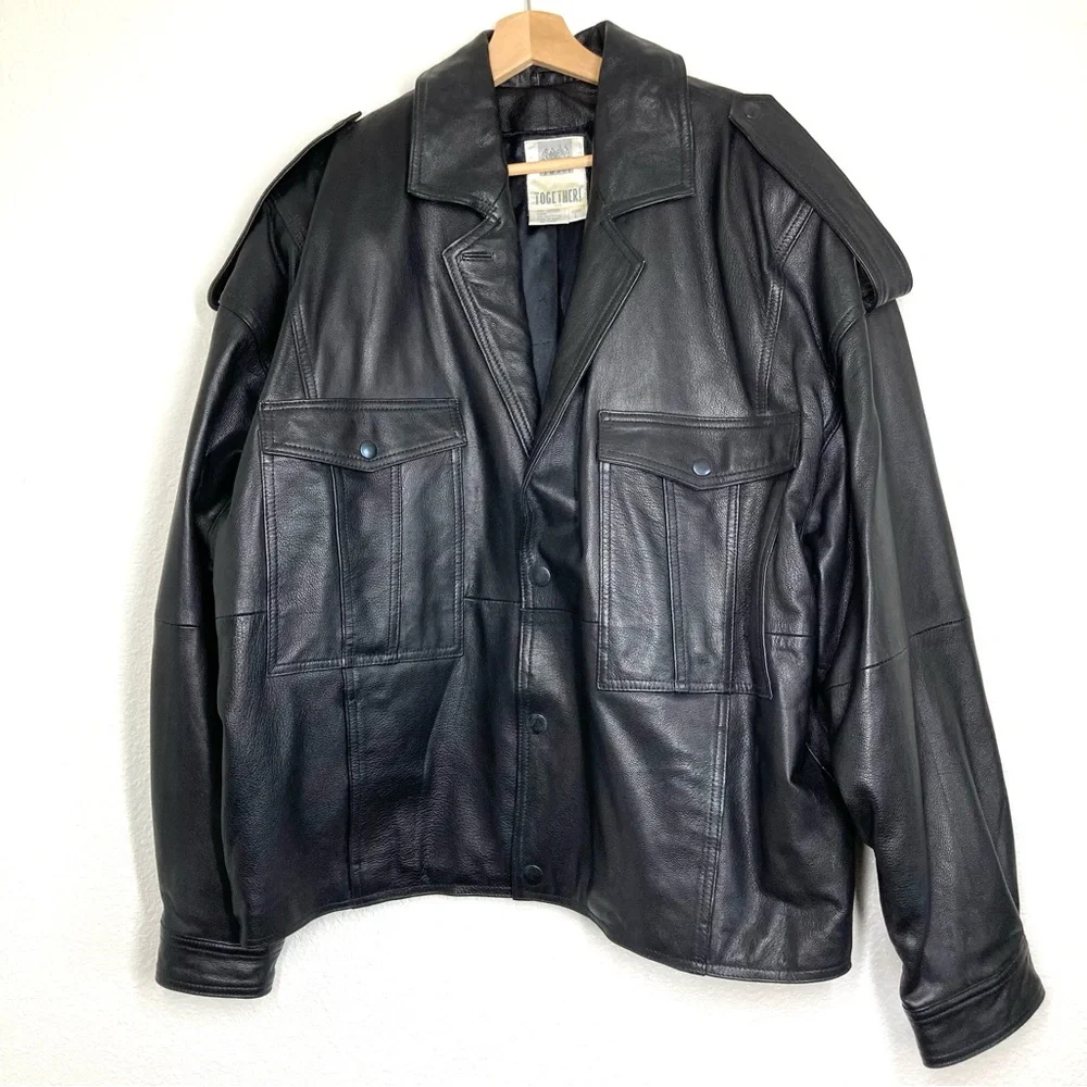 Vintage Together Oversized Bomber Leather Jacket Motorcycle Mens Large Black